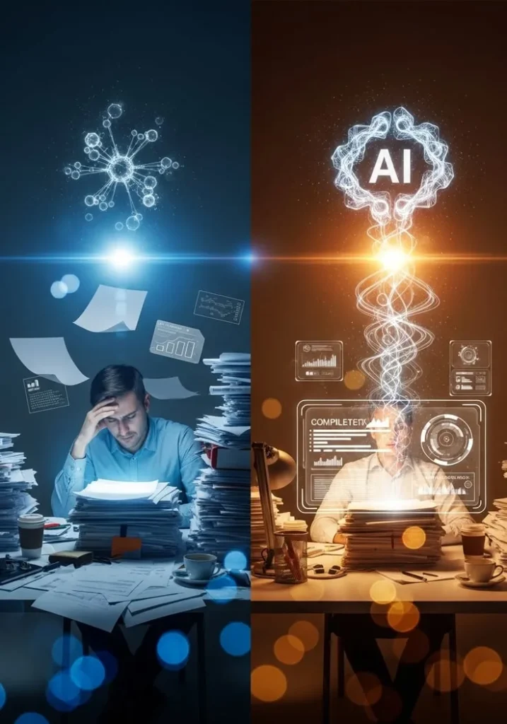 A split-screen comparison showing a stressed student overwhelmed by piles of paperwork on the left, contrasted with a calm student using a glowing AI holographic interface to organize information on the right