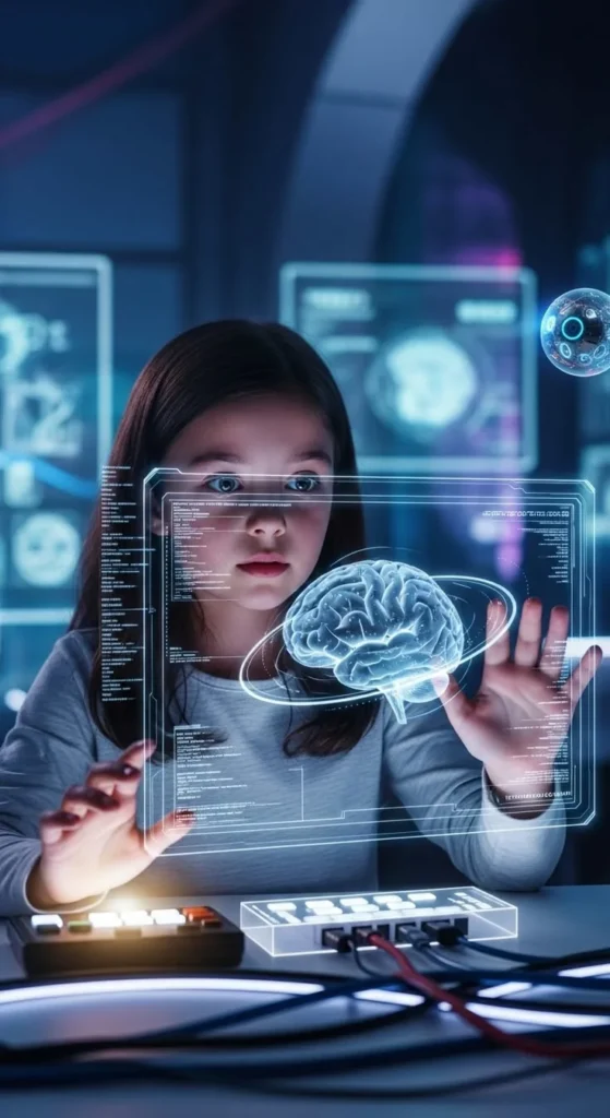 A young female student looking through a transparent digital screen showing a glowing 3D holographic human brain and lines of data code.
