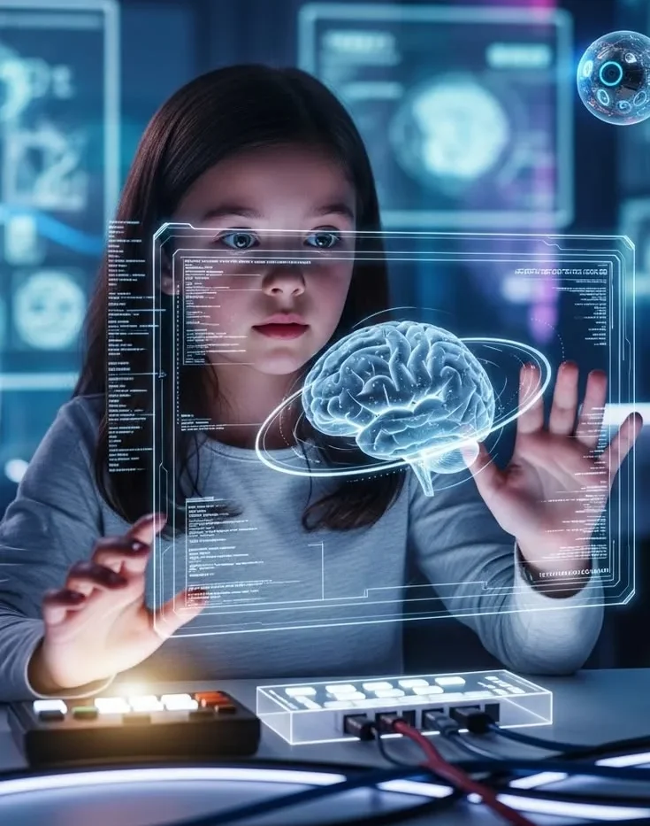 A young female student looking through a transparent digital screen showing a glowing 3D holographic human brain and lines of data code.