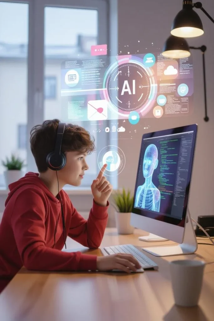 A young male student wearing headphones sitting at a computer, interacting with a futuristic digital interface showing holographic AI icons and data