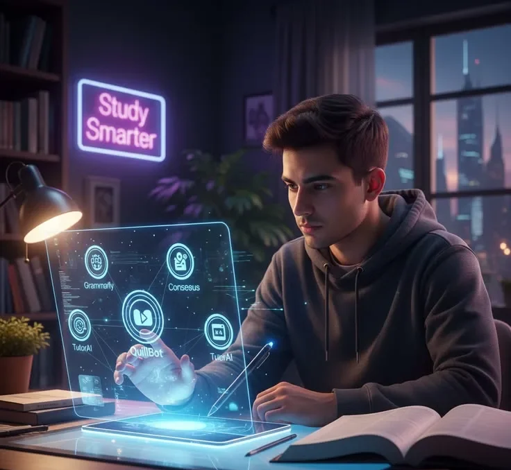 A student in a grey hoodie sitting at a desk with an open book, interacting with a glowing blue holographic interface displaying AI study tool icons like Grammarly and Consensus.
