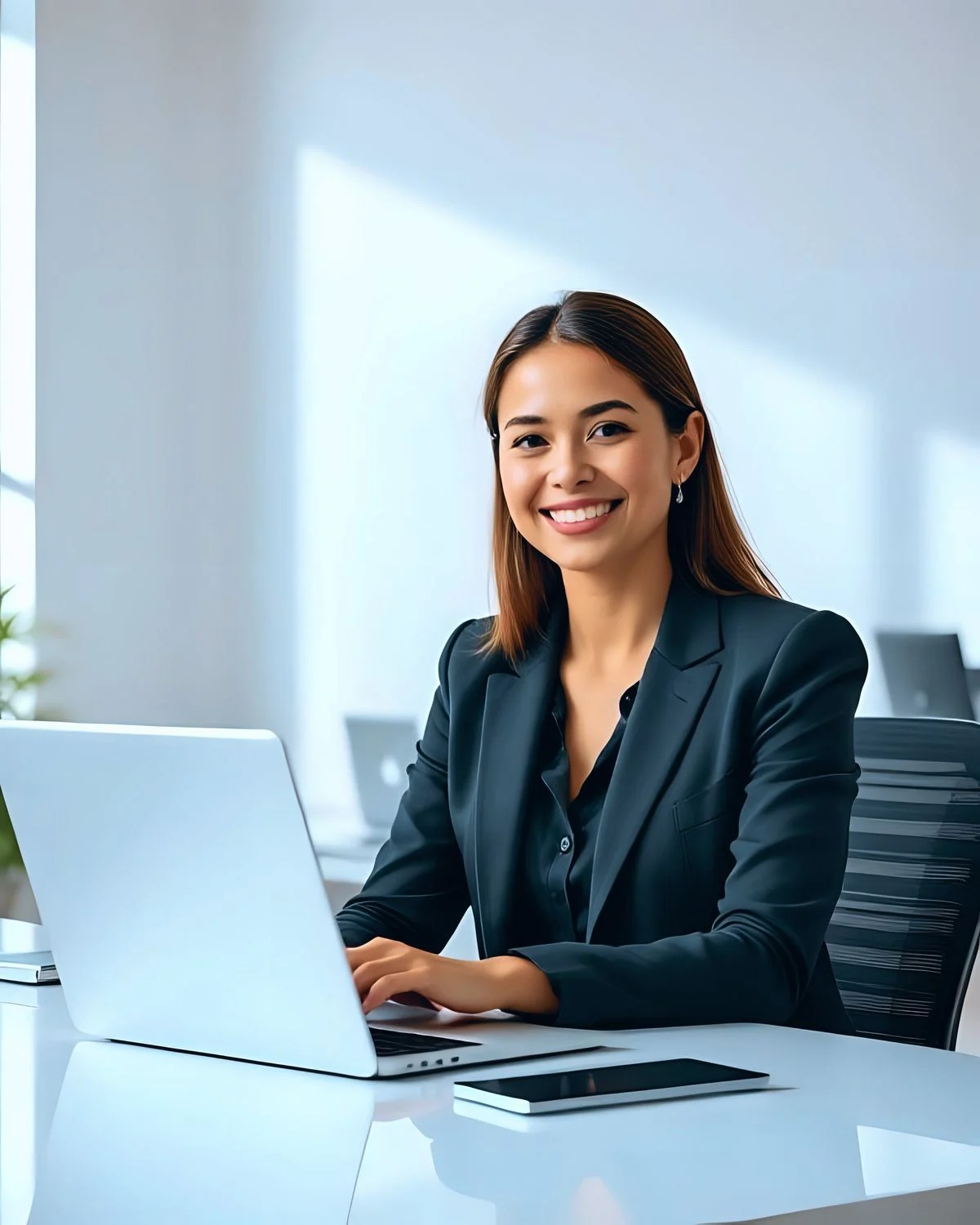 A professional portrait of a young woman with long brown hair, smiling warmly while sitting at a white desk and using a silver laptop. She is wearing a sharp charcoal grey blazer over a dark blouse. The background is a bright, minimalist, and blurred office setting with soft natural light.