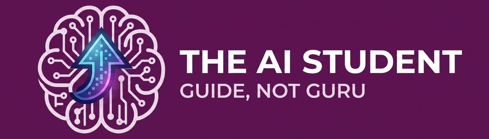 THE AI STUDENT logo featuring a white brain-circuit icon with a glowing blue upward arrow and the tagline GUIDE, NOT GURU on a purple background.